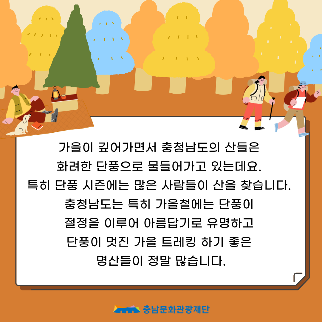 가을이 깊어가면서 충청남도의 산들은 화려한 단풍으로 물들어가고 있는데요.
                        특히 단풍 시즌에는 많은 사람들이 산을 찾습니다. 충청남도는 특히 가을철에는 단풍이 절정을 이루어 아름답기로 유명하고 단풍이 멋진 가을 트레킹 하기 좋은 명산들이 정말 많습니다.
                        충남문화관광재단